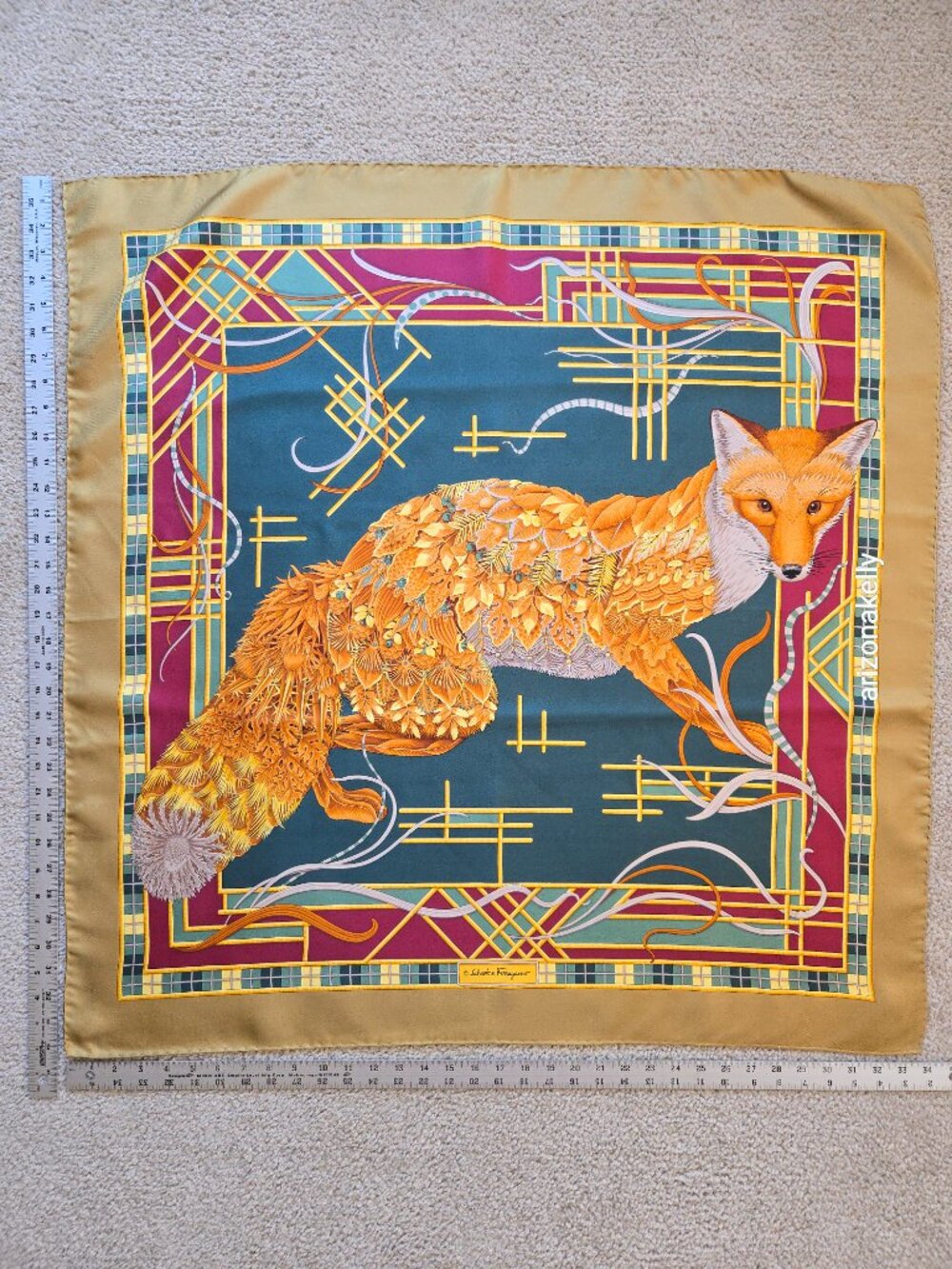 Ferragamo Silk Scarf Fox Flowers Leaves Hand Rolled Hems - Picture 4 of 13
